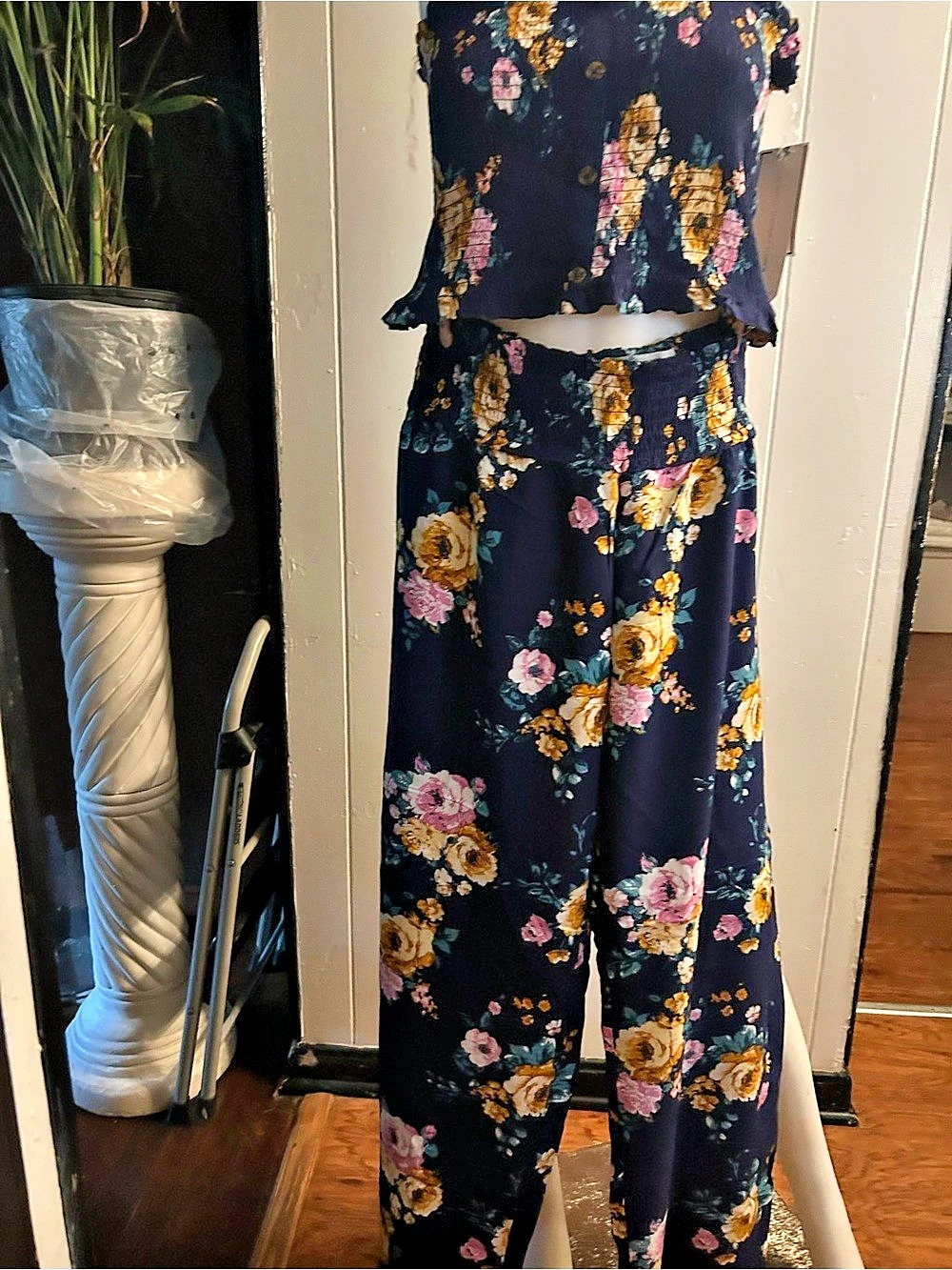 Floral Smocked Jumpsuit in Blue & Pink Like New